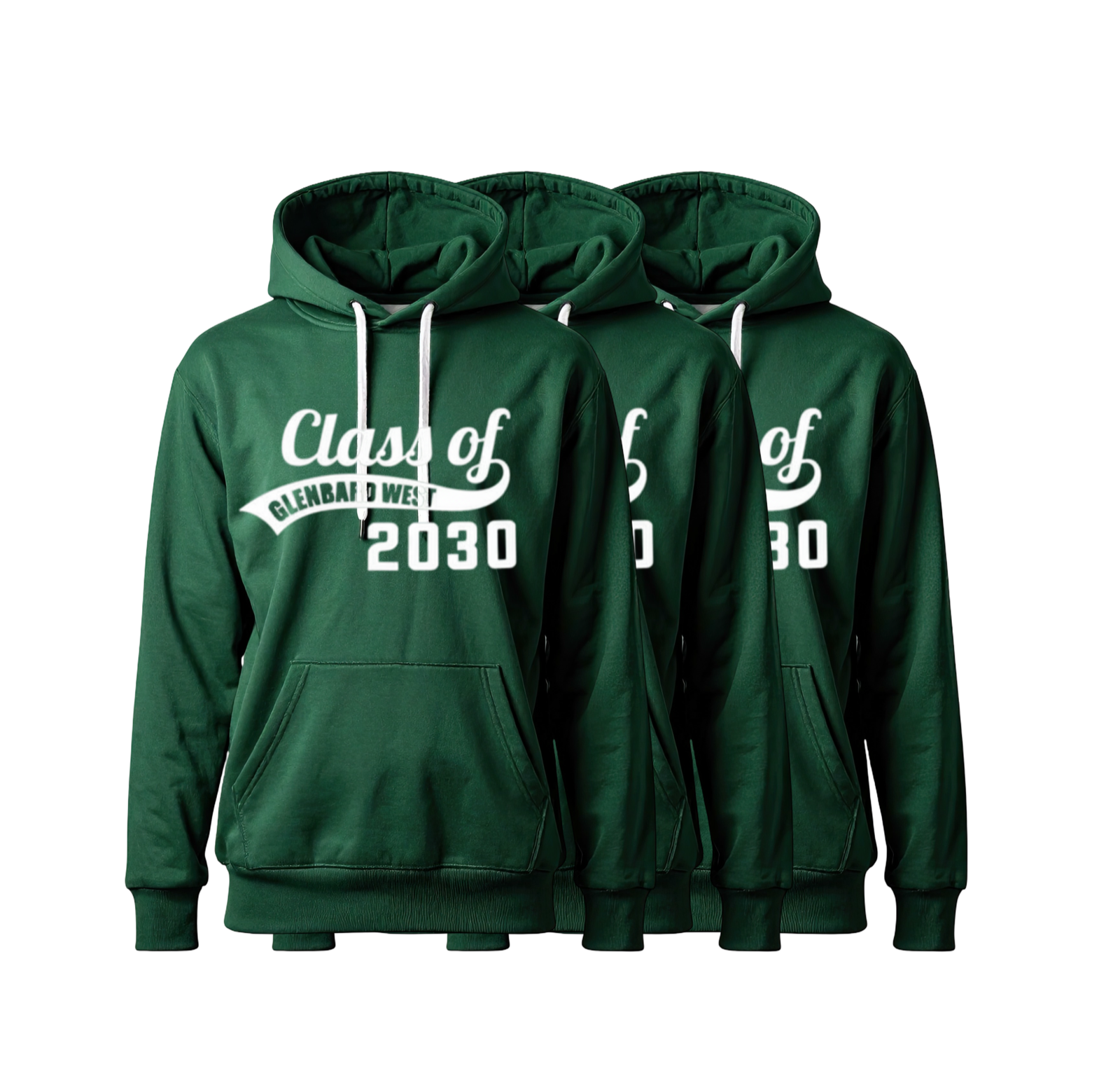 Three forest-green Class of 2030 Glenbard West hoodies